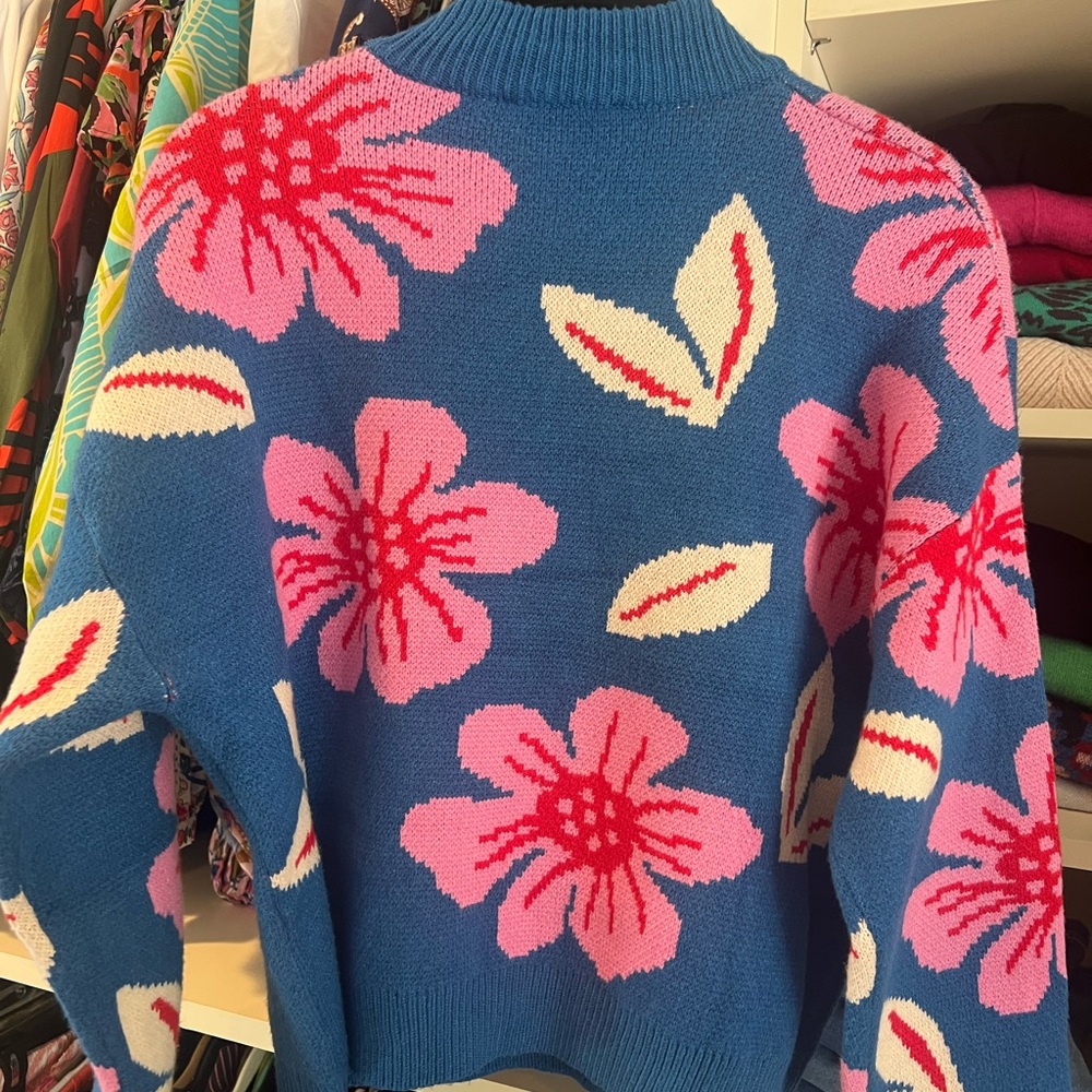 THML Blue Sweater with Pink & Cream Floral Pattern - Picture 2 of 3
